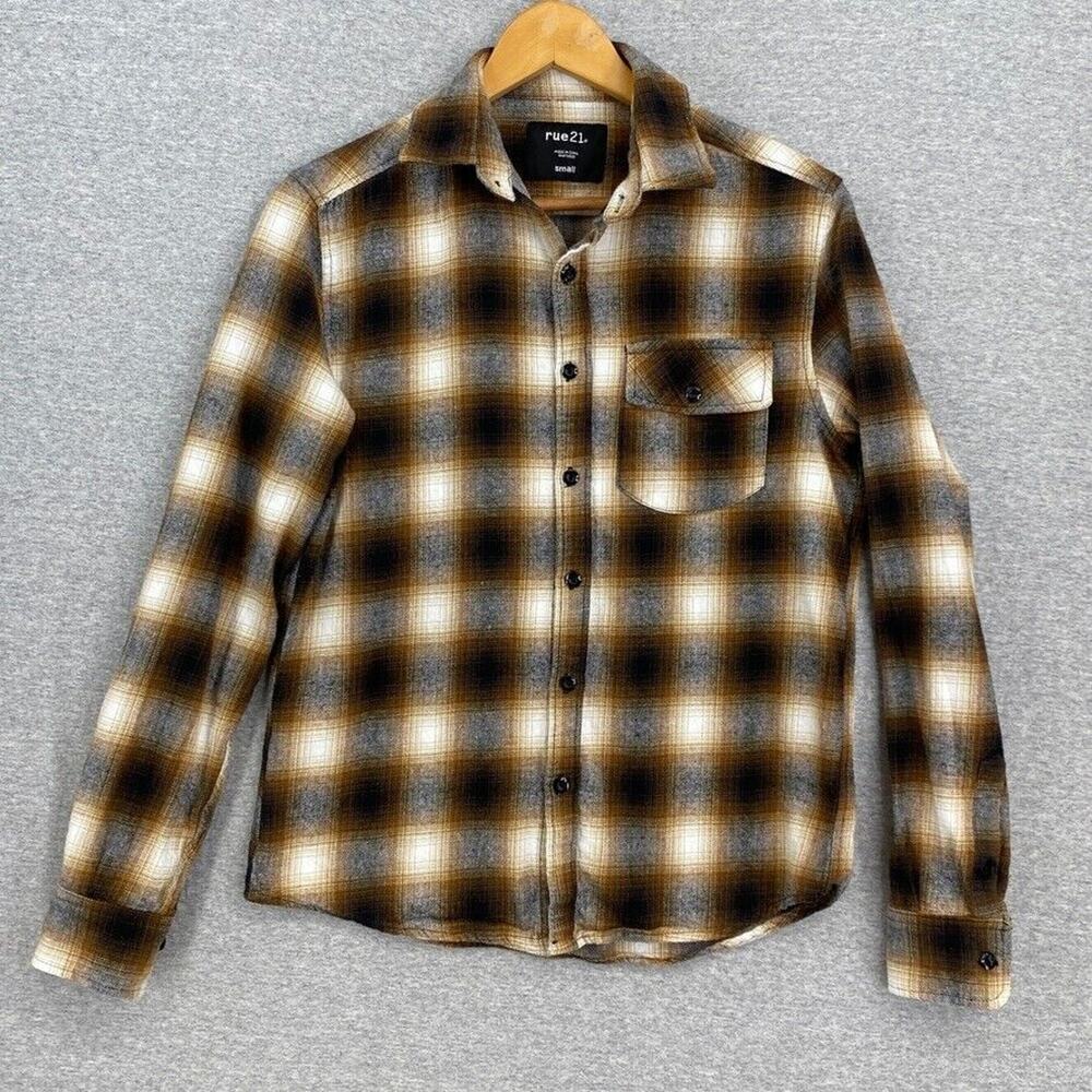 Rue 21 Shirt Mens Small Brown Cream Grey Plaid Long Sleeve Collar Pocket